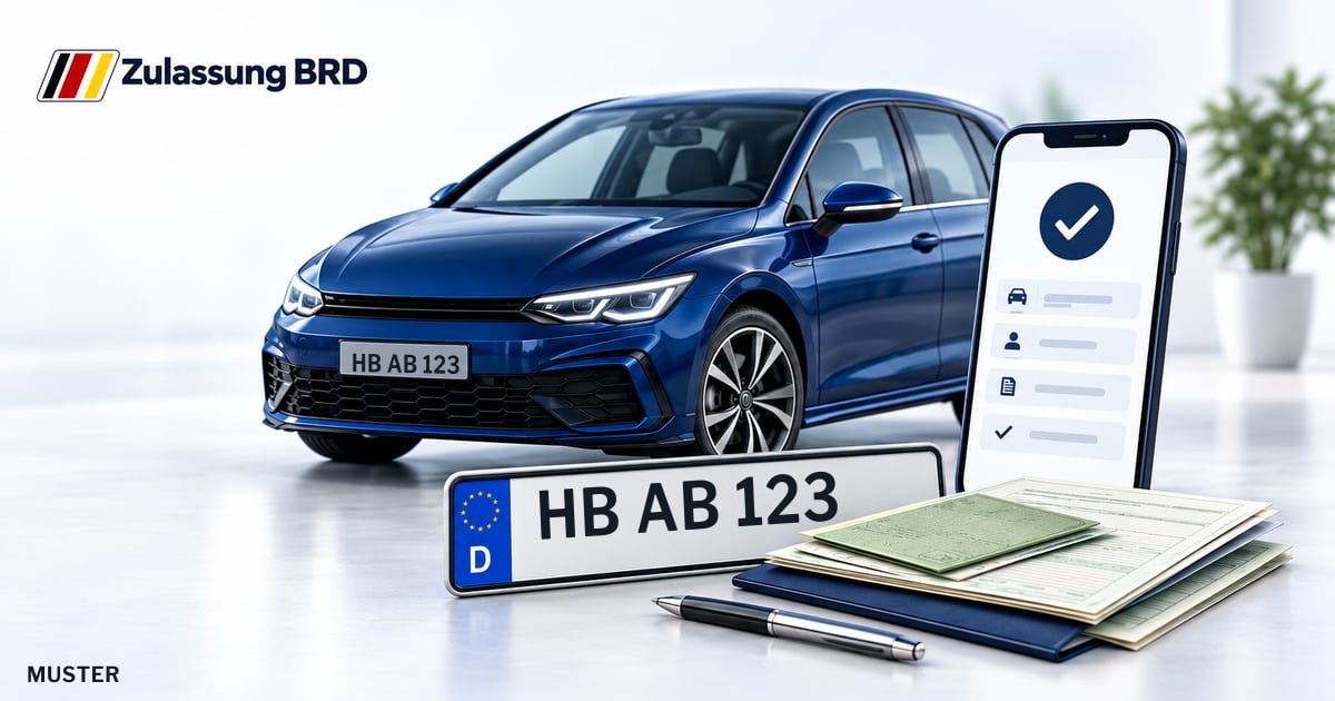 Online Fahrzeugzulassung in Bremerhaven: Musterkennzeichen HB AB 123, Auto und Fahrzeugpapiere und Smartphone. Illustration mit Logo von Zulassung BRD.